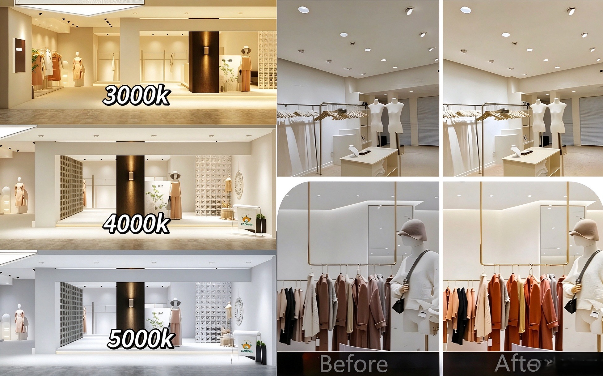 Retail lighting colour temperature and before-and-after comparison